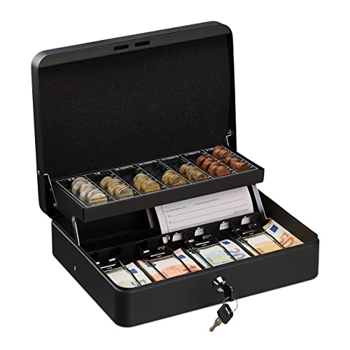Caisse à Monnaie Verrouillable: 4 Compartiments, Fer, 8,5x30,5x24,5cm Noir!
